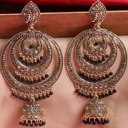 ANTICO Women Stone Studded Oxidised Chandbali Jhumka Earrings-image-78