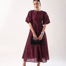 RAREISM Women Floral Self Design Round Neck Fit and Flare Midi Dress-image-29