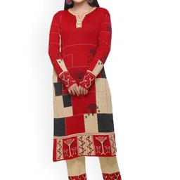 WOOL 4U Floral Printed Notch Neck Straight Kurta With Trousers-picture-34