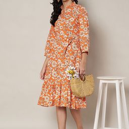 Moda Rapido Women Orange Cotton Floral Print A-Line Dress-picture-37