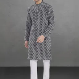 Pulseiq Men Geometric Embroidered Festive Cotton Straight Kurta-image-71