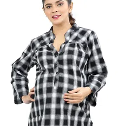 Uzazi Women Checked Pure Cotton Mandarin Collar Maternity Top-image-50