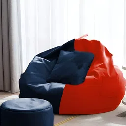 AARIJ MART Blue 3 Pieces Colourblocked Leather Bean Bag With Footrest & Cushion-1