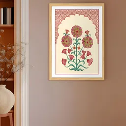 Art Street Cream-Coloured & Pink Elegant Mughal Floral Wooden Wall Art-image-82