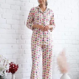 FLAVIA CREATION Printed Pure Cotton Lapel Collar Night suit-image-46