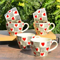 StyleMyWay 6 Pieces Off White & Red Printed Ceramic Cups 250 ml-57