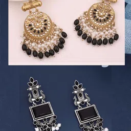 Anouk Set Of 2 Silver-Plated Artificial Stones and Beaded Geometric Drop Earrings image 3