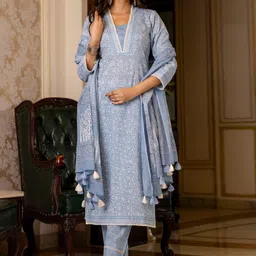 Rangeelo Women Floral Printed Regular Pure Cotton Kurta with Palazzos & With Dupatta-9