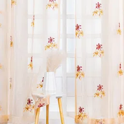 Parda Online Gold-Toned & Red Floral Sheer Door Curtain-image-41