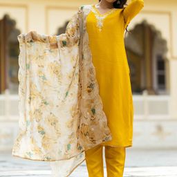 KALINI Floral Yoke Design Thread Work V-Neck Kurta With Trousers & Dupatta-picture-17
