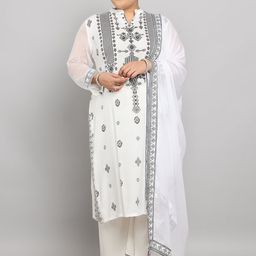 Tulsattva Geometric Embroidered Mandarin Collar Mirror Work Kurta With Palazzo & Dupatta-picture-18