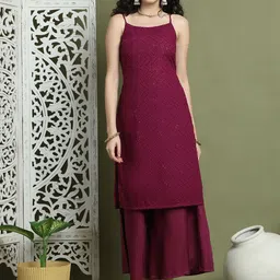 Jompers Chevron Embroidered Sleeveless Sequinned Straight Kurta With Palazzos-17