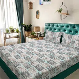 KLOTTHE Blue & Grey Geometric 300 TC King Bedsheet with 2 Pillow Covers-image-34