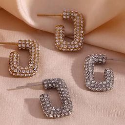 Amossh Set Of 2 Stainless Steel 18k Gold Plated Zircon Studded Half Hoop Earrings-image-4