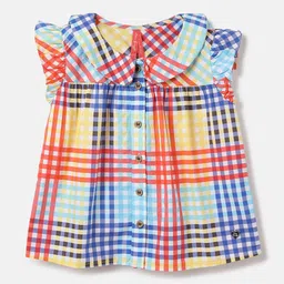 Blue Giraffe Checked Peter Pan Collar Cotton Top-picture-51