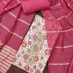 HERE&NOW Floral Embroidered Beads And Stones Roman Cotton Unstitched Dress Material-image-18