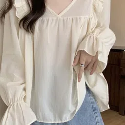 HERE&NOW Ruffles V-Neck Long Sleeves Bell Sleeves Top-image-17