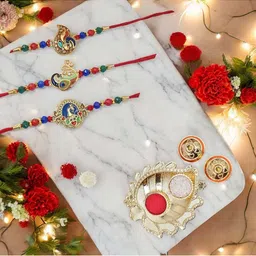 MEIRA JEWELLERY Set Of 3 Designer Rakhis With Greeting Card & Roli Chawal-10