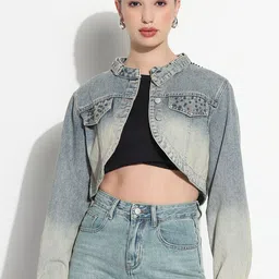 SHOWOFF Women Mock Collar Washed Windcheater Casual Denim Jacket-46