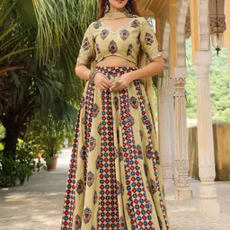Janasya Printed Sequinned Pure Cotton Ready to Wear Lehenga & Blouse With Dupatta-18