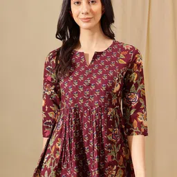 HERE&NOW Women Cotton Floral Printed Round Neck Top-image-22