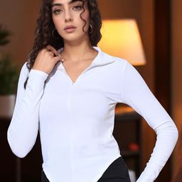 ZEUGEN Ribbed Shirt Collar Fitted Top-image-2