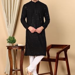 TATTVA Ethnic Motifs Embroidered Mandarin Collar Pure Cotton Straight Kurta With Pyjama-image-94