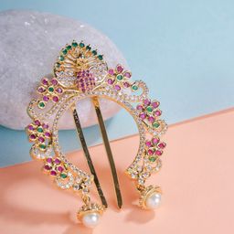 Opal Touch Gold-Plated American Diamond Studded Bun Pin Head Jewellery-image-3