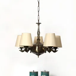 Devansh Off White & Brown cotton shade with Antique Golden Chandelier Ceiling Lamp-image-79