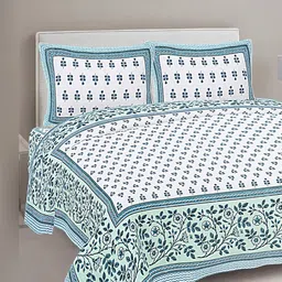 FrionKandy Living Turquoise Blue & White Floral 180 TC King Bedsheet with 2 Pillow Covers-46