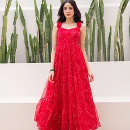Ambraee Women Bandhani Printed Red Chiffon Fit & Flare Maxi Dress-picture-40