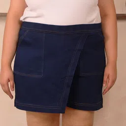 Indietoga Plus Size Cotton High Rise Knee Length Denim Skorts-image-8