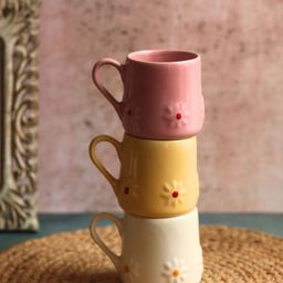 WEAVING HOMES Pink & White 3 Pcs Floral Printed Dishwasher Safe Ceramic Glossy Cups 180ml-24