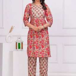 Vogueculture Women Floral Printed Angrakha Pure Cotton Kurta with Trousers-image-93