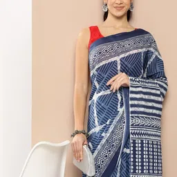 KALINI Ajrak Block Silk Cotton Fusion Block Print Saree-4