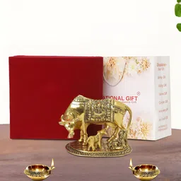 INTERNATIONAL GIFT Gold Plated Kamdhenu Cow with 2 Diya and Box-image-34
