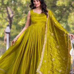 TextileNow Pure Chinon Flared Gown With Embroidery Dupatta Set-image-9