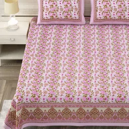 Aapno Rajasthan Pink & White Ethnic Motifs 144 TC King Bedsheet with 2 Pillow Covers-image-86