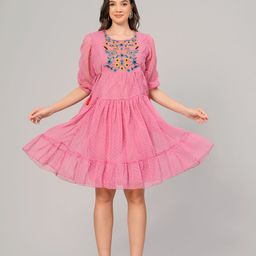 OH MI DIOS Women Embroidered Puff Sleeves Fit & Flare Dress-image-42