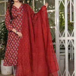 Happy Design Floral Printed V-Neck Pure Cotton Straight Kurta With Palazzos & With Dupatta-20