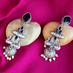 Efulgenz Silver-Plated Dome Shaped Crystal Studded Oxidised Jhumkas-30