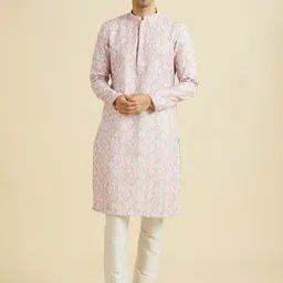 Manyavar Floral Embroidered Thread Work Mandarin Collar Straight Kurta with Trouser-image-27