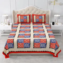 Comfowell Red & Blue Floral 220 TC King Bedsheet with 2 Pillow Covers-image-0