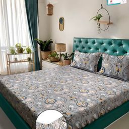 Myntra Elegant Homes Grey & White Ethnic Printed Fitted 300 TC Super King Bedsheet With 2 Pillow Cover-image-58