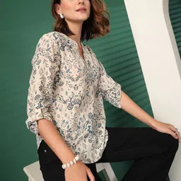 EVERYDAY by ANI A-Line Ethnic Motifs Print Mandarin Collar Roll-Up Sleeves A-Line Top-picture-4
