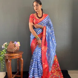 AQUILIQ Striped Zari Art Silk Kanjeevaram Saree-image-95