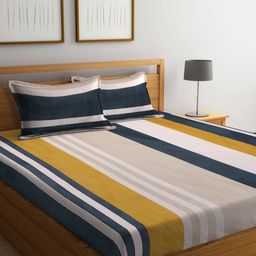Myntra Elegant Homes Beige & Mustard Striped 300 TC Fitted King Bedsheet Set 2.7 x 2.7 m-image-57