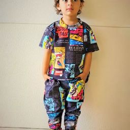 purple sky Unisex Kids Printed Round Neck T-shirt With Trousers-image-19