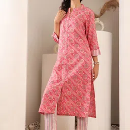 AADVIKA Floral Printed Mandarin Collar Khadi A-Line Kurta with Trouser image 3