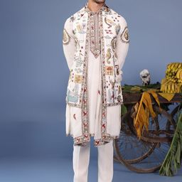KALPRAAG Men Floral Embroidered Regular Sequinned Kurta with Trousers & With Dupatta-picture-5